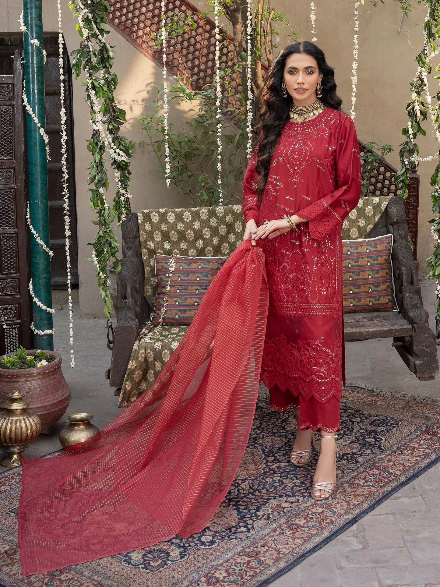 3 Piece Satin Suit- Embroidered (Pret)