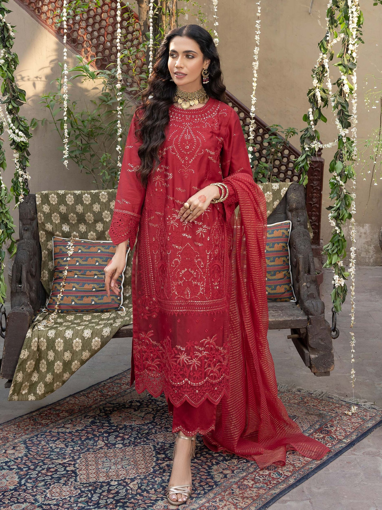 3 Piece Satin Suit- Embroidered (Pret)