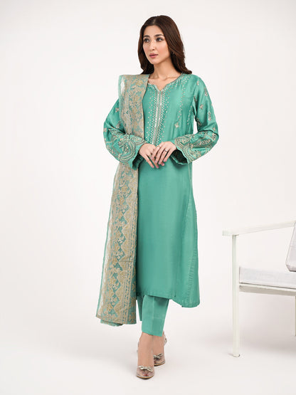 3 Piece Satin Suit-Embroidered (Pret)