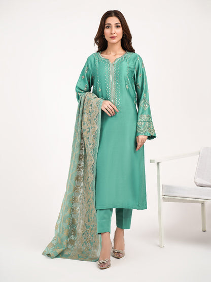 3 Piece Satin Suit-Embroidered (Pret)