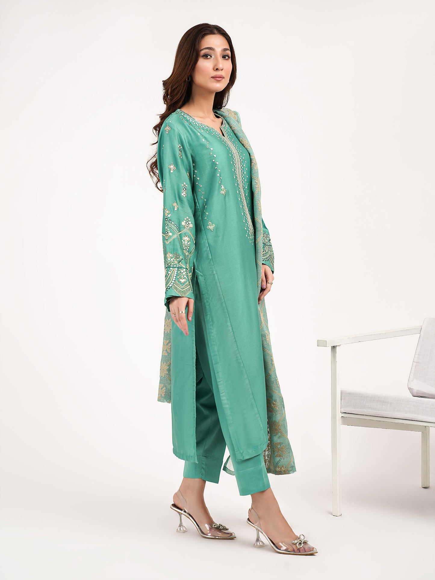 3 Piece Satin Suit-Embroidered (Pret)