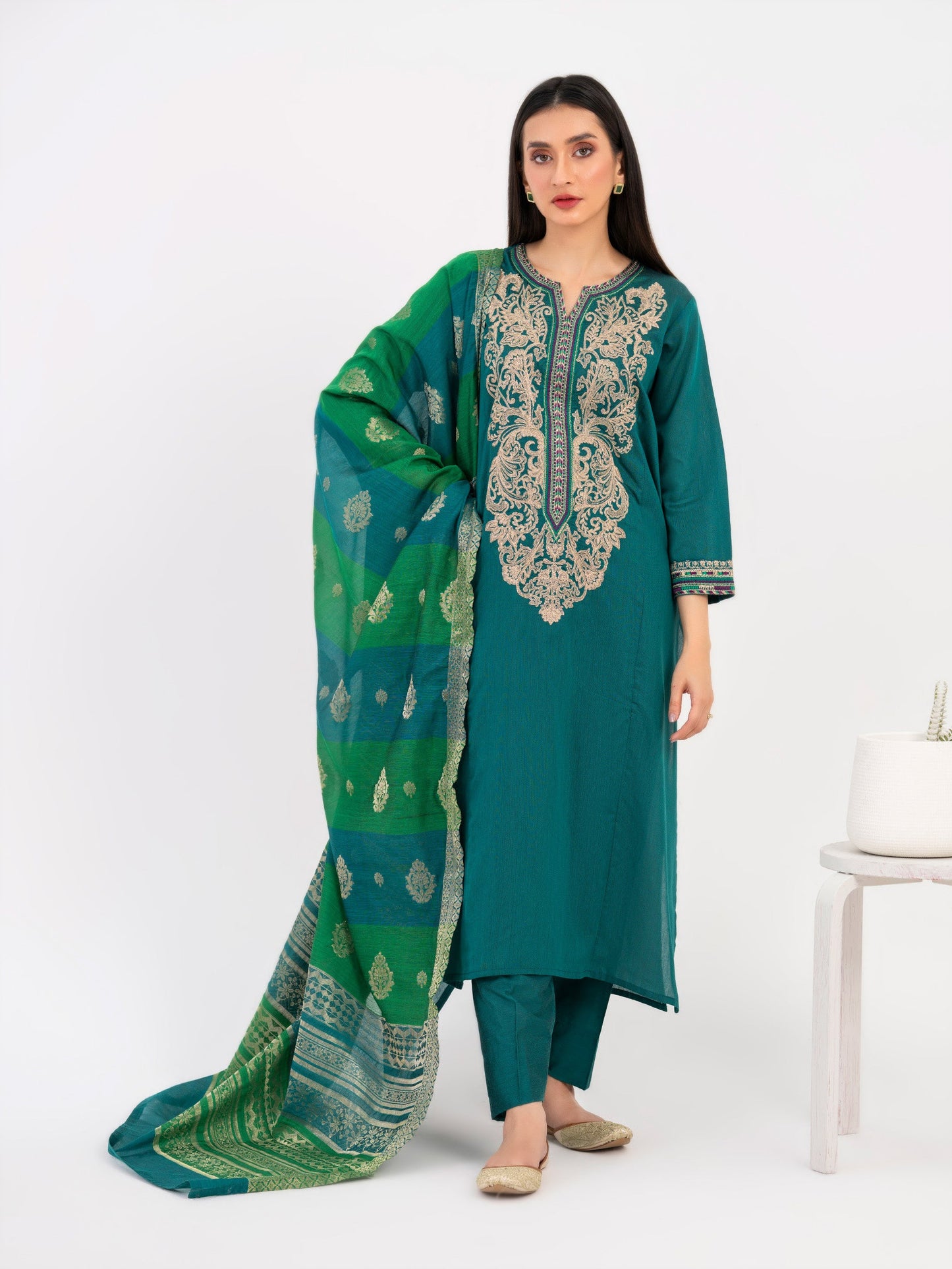 3 Piece Raw Silk Suit-Embroidered (Pret)