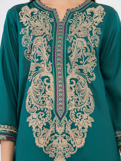 3 Piece Raw Silk Suit-Embroidered (Pret)