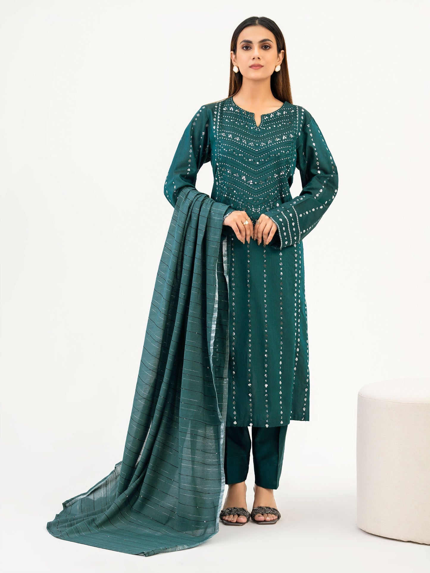 3 Piece Raw Silk Suit-Embroidered (Pret)