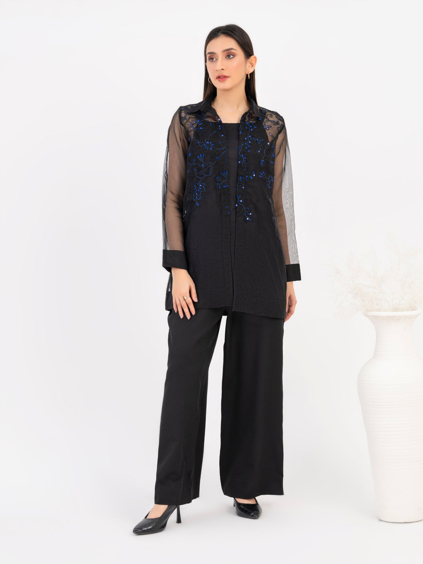 Organza Top With Slip-Embroidered(Pret)