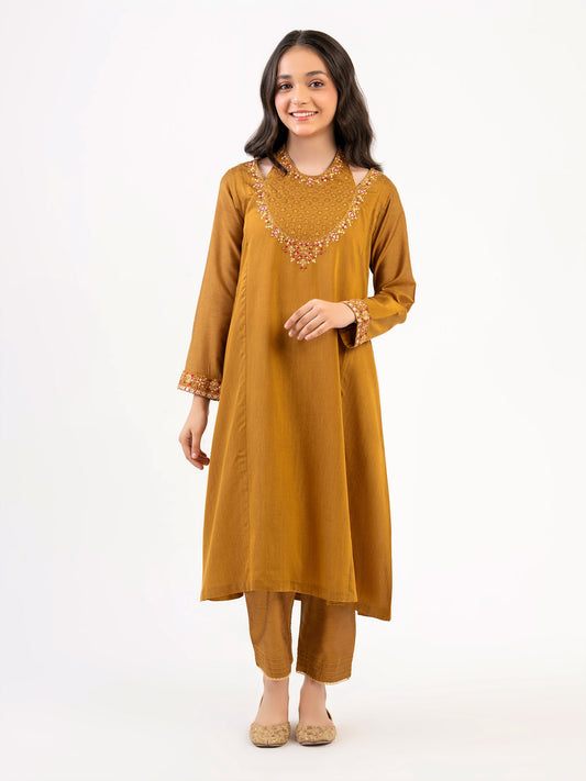 2 Piece Raw Silk Suit-Embroidered (Pret)