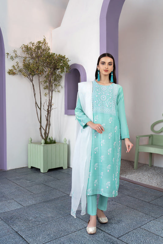 Eraj Hussain - Fasaan e Chikankari - Aquamarine - Stitched
