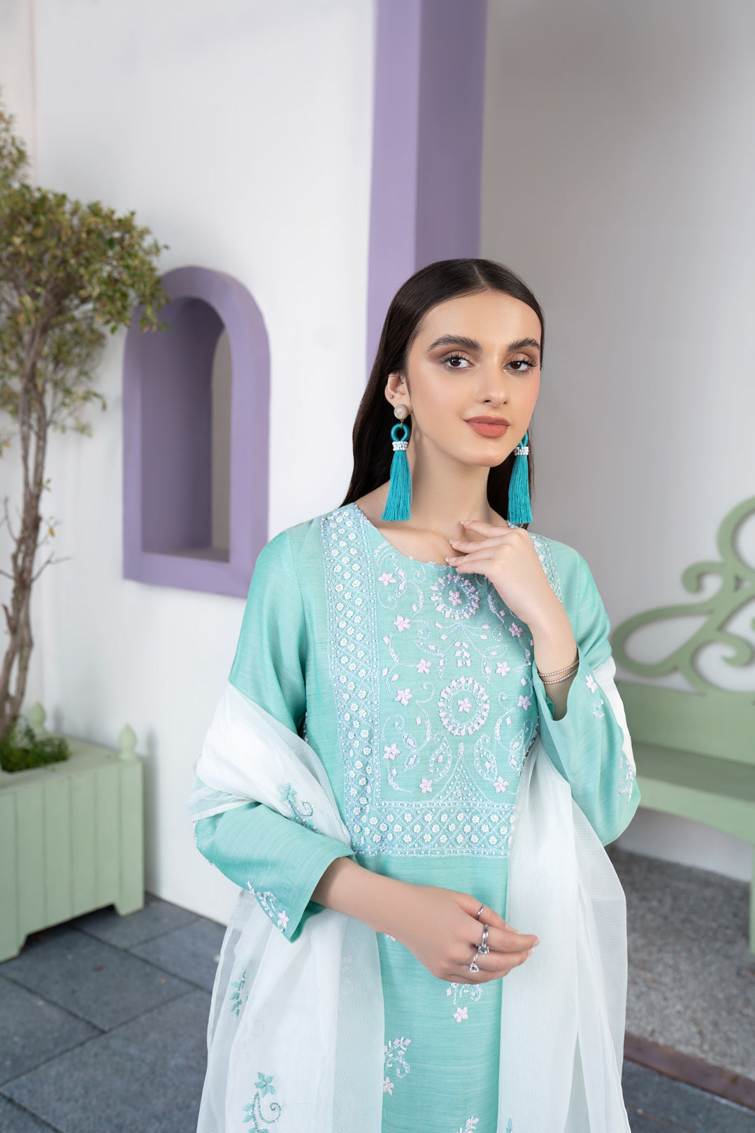 Eraj Hussain - Fasaan e Chikankari - Aquamarine - Stitched
