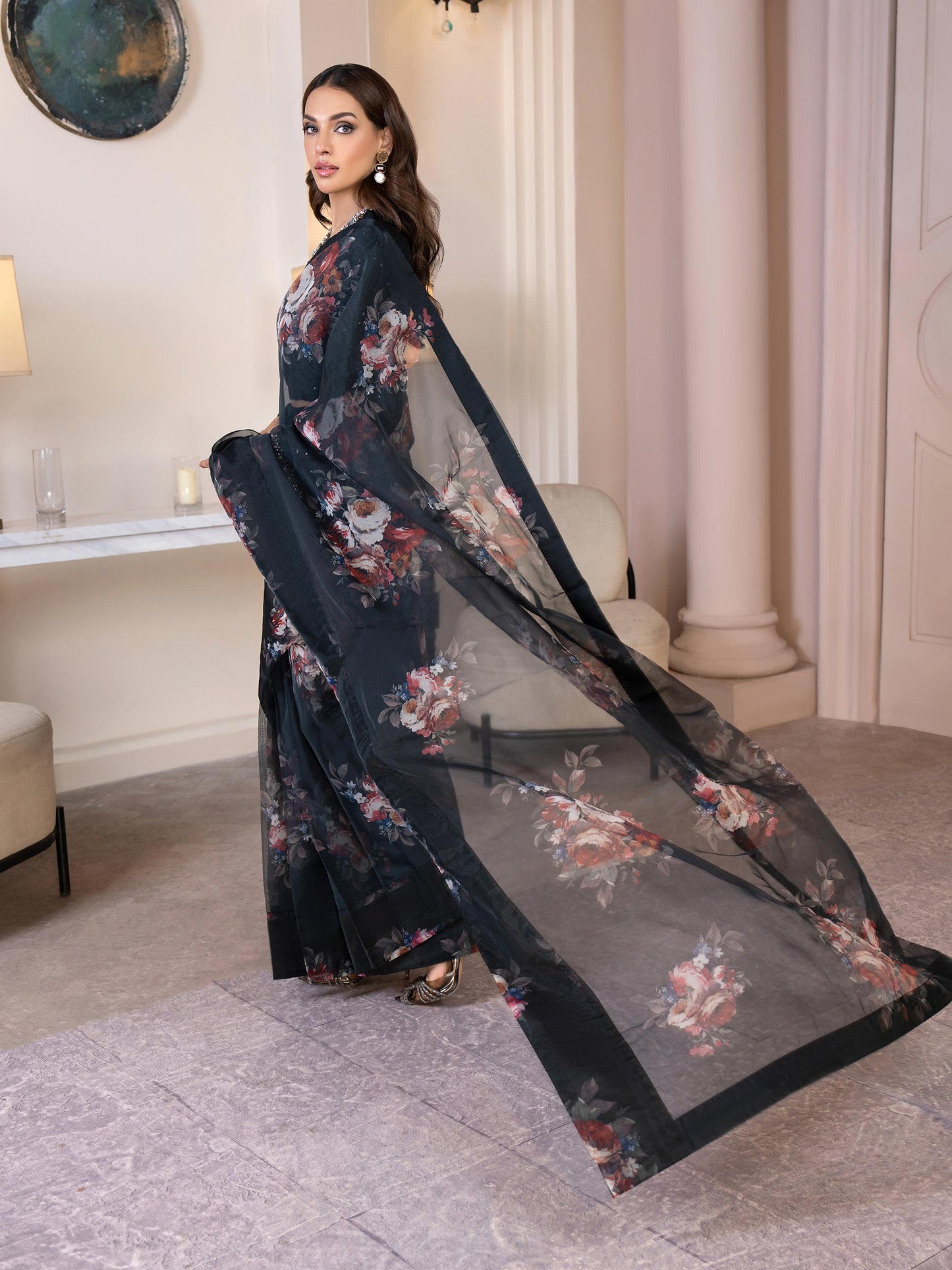 3 Piece Organza Saree-Embroidered(Pret)