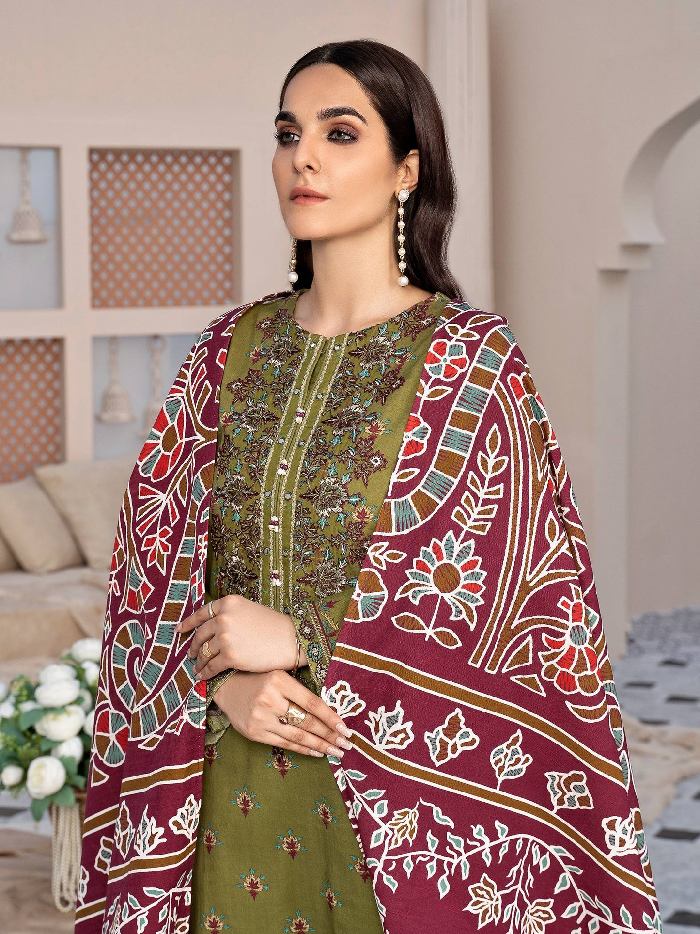 2 Piece Embroidered Winter Cotton Suit