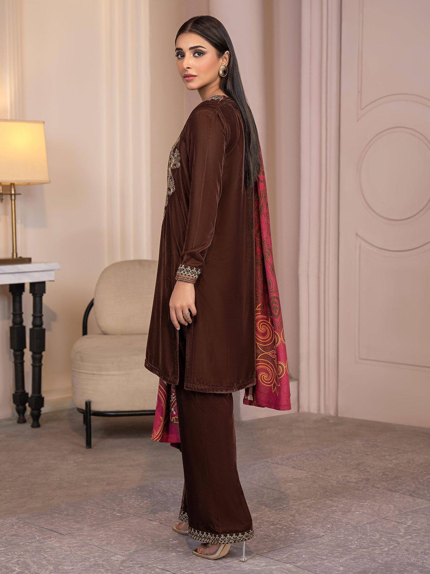 3 Piece Velvet Suit-Embroidered(Pret)