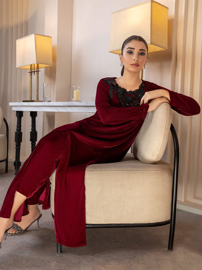 2 Piece Velvet Suit-Embellished(Pret)