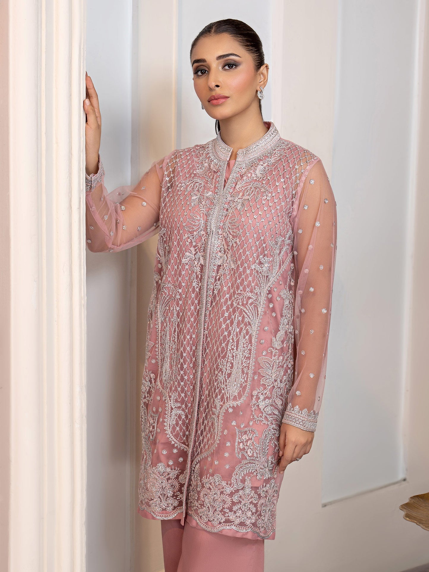 3 Piece Net Suit With Cardigan-Embroidered (Pret)