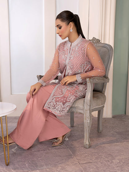 3 Piece Net Suit With Cardigan-Embroidered (Pret)