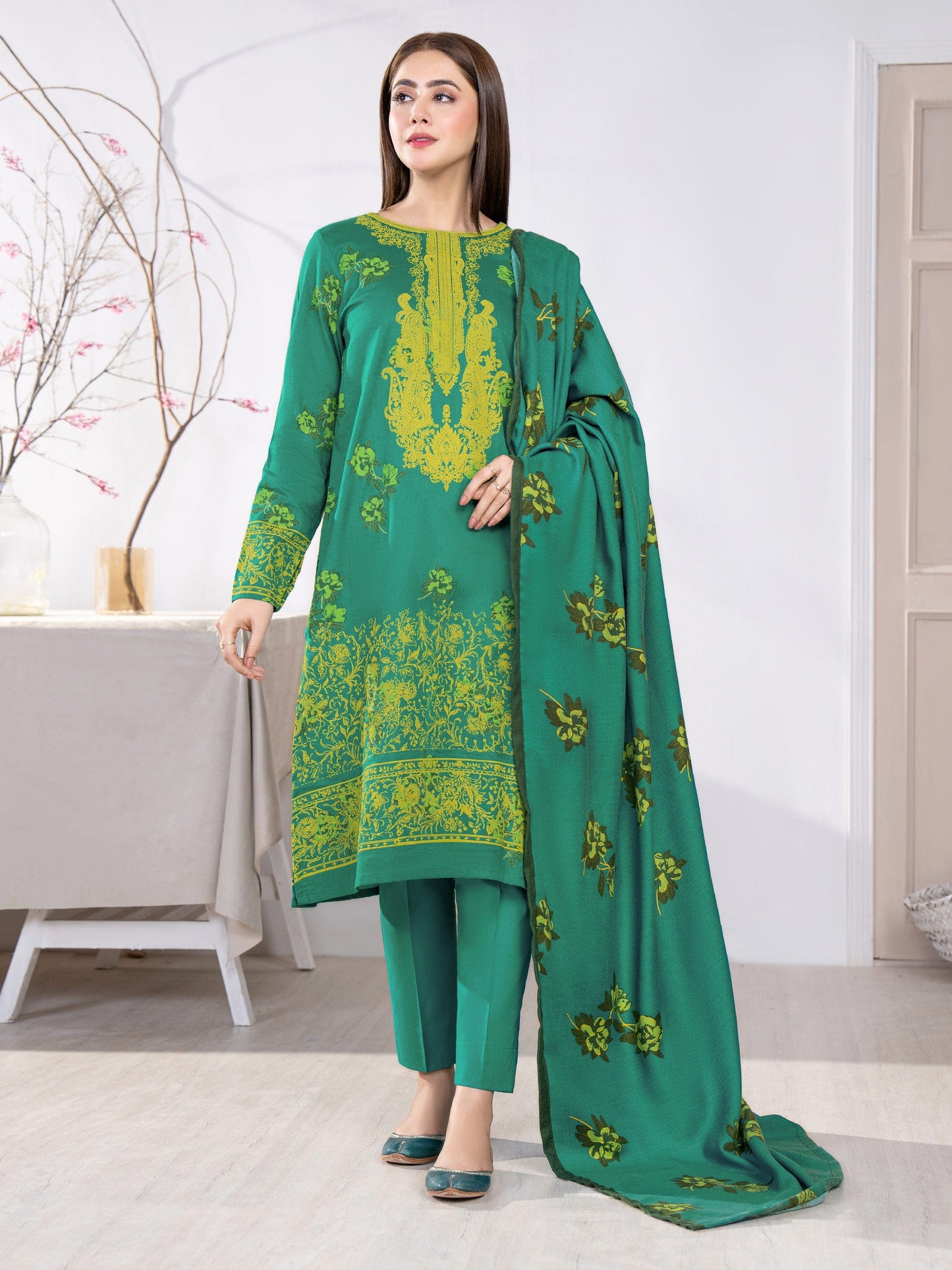 3 Piece Khaddar Suit-Emboss Print(Unstitched)