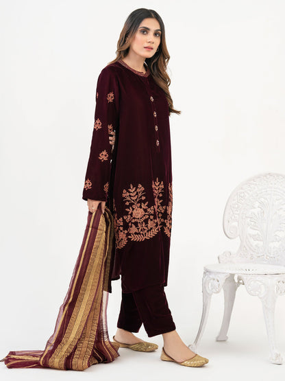 3 Piece Velvet Suit-Embroidered (Pret)