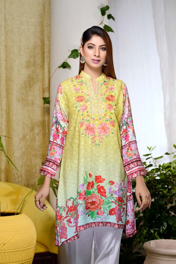 Adan's Libas - Citron - Digital Embroidered & Hand Embellished Stitched Kurti