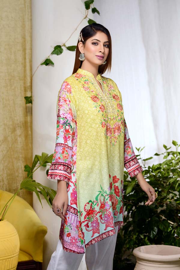 Adan's Libas - Citron - Digital Embroidered & Hand Embellished Stitched Kurti