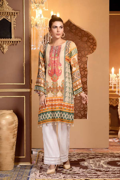 Adan's Libas - Colonial White - Digital Printed and Embroidered Mesuri Lawn Kurti