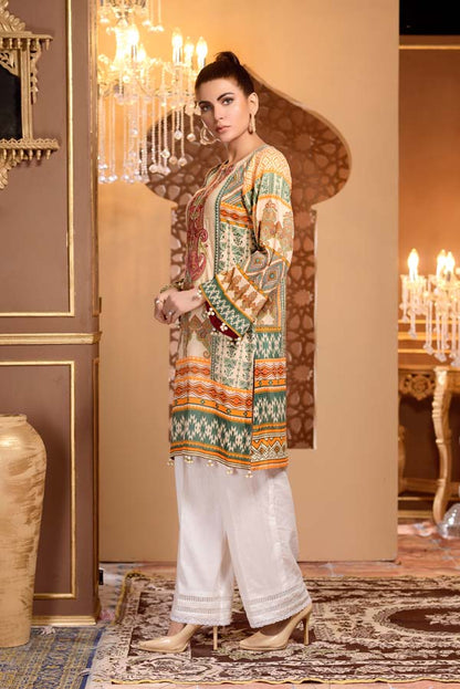 Adan's Libas - Colonial White - Digital Printed and Embroidered Mesuri Lawn Kurti