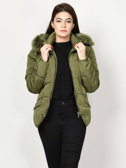 Limelight - Faux Fur Puffer Jacket - Army Green