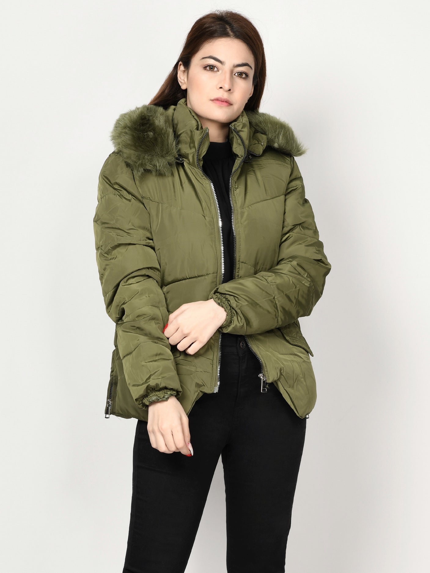 Limelight - Faux Fur Puffer Jacket - Army Green