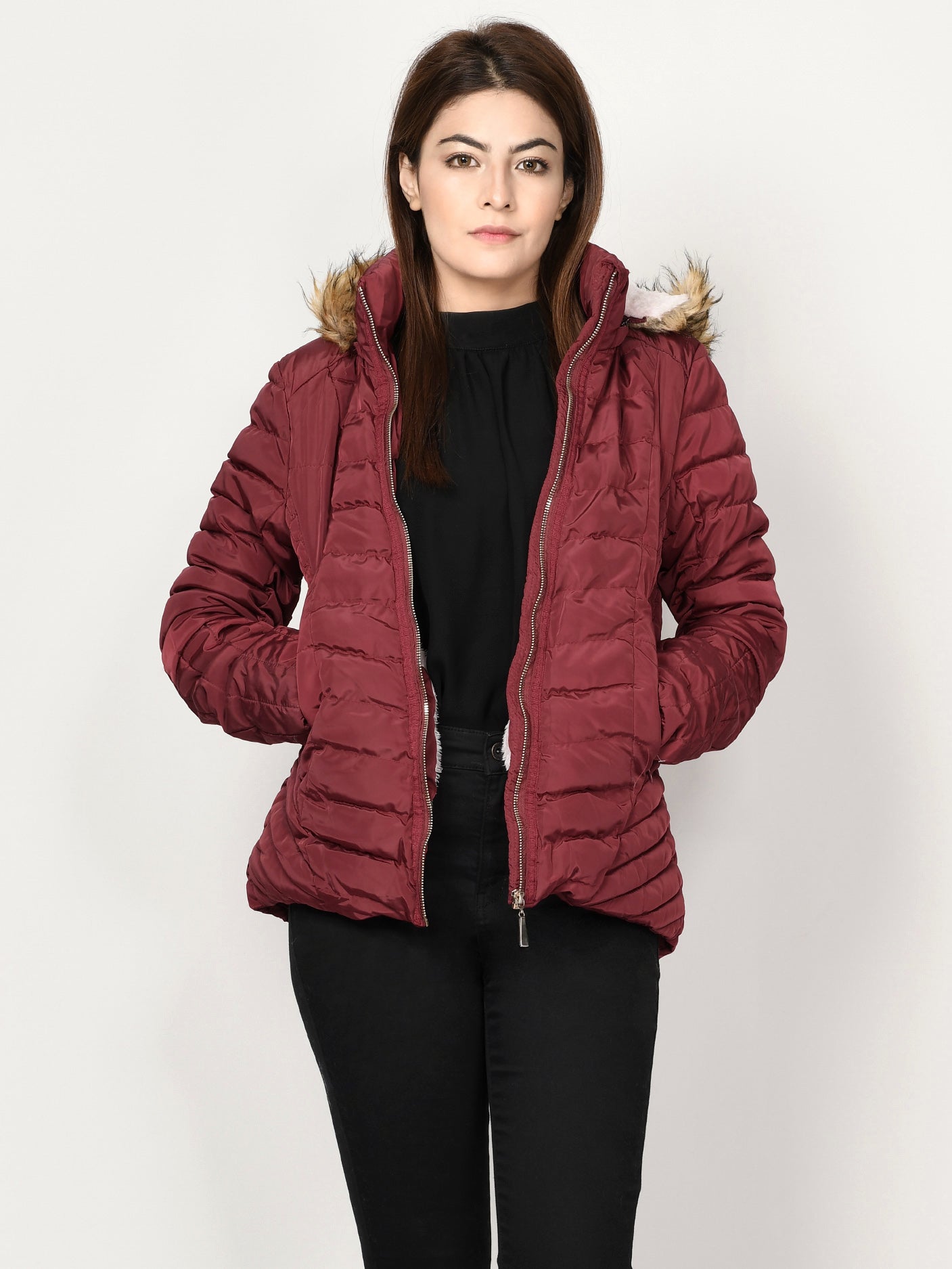 Limelight - Faux Fur Puffer Jacket - Maroon