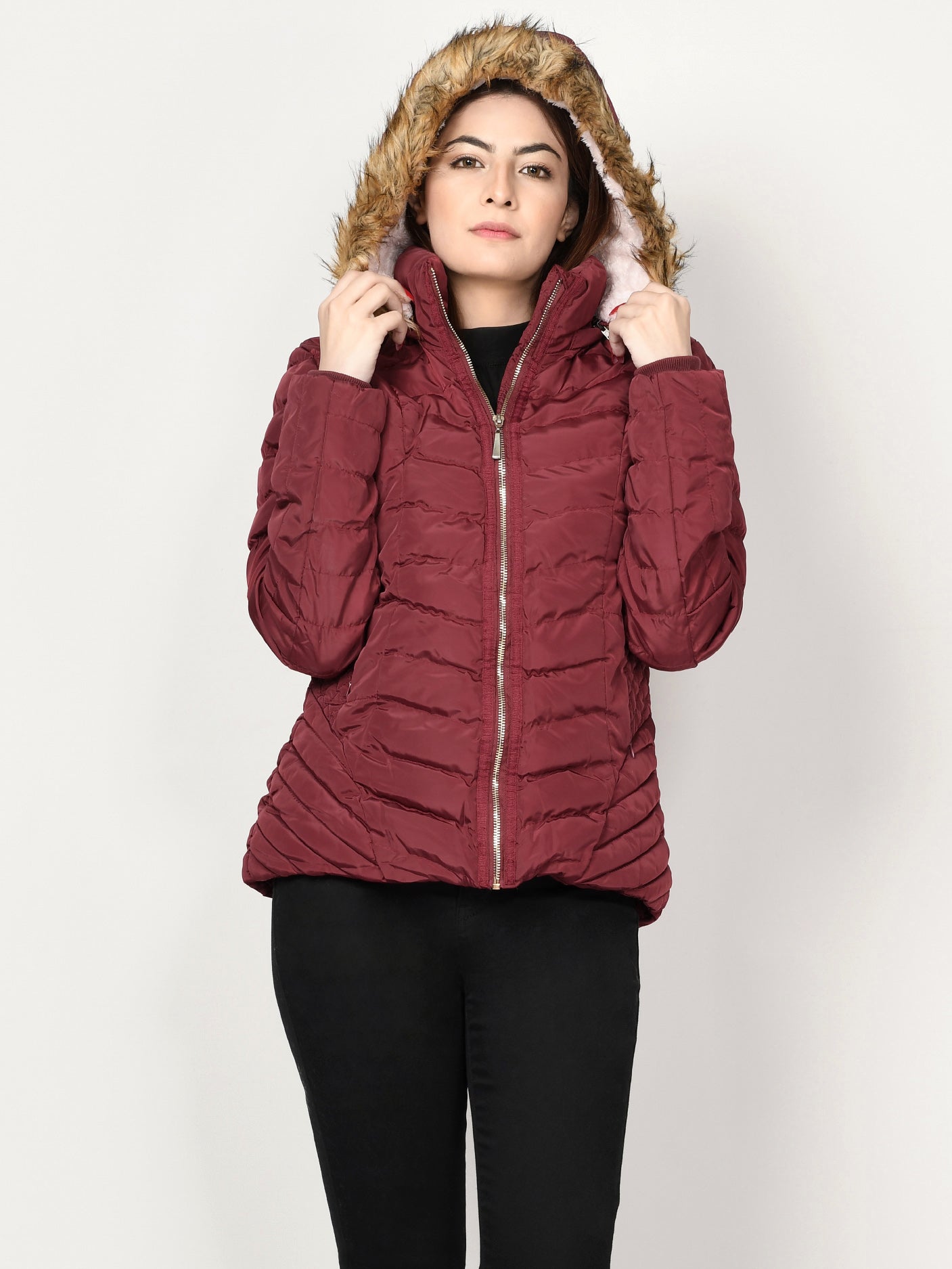 Limelight - Faux Fur Puffer Jacket - Maroon