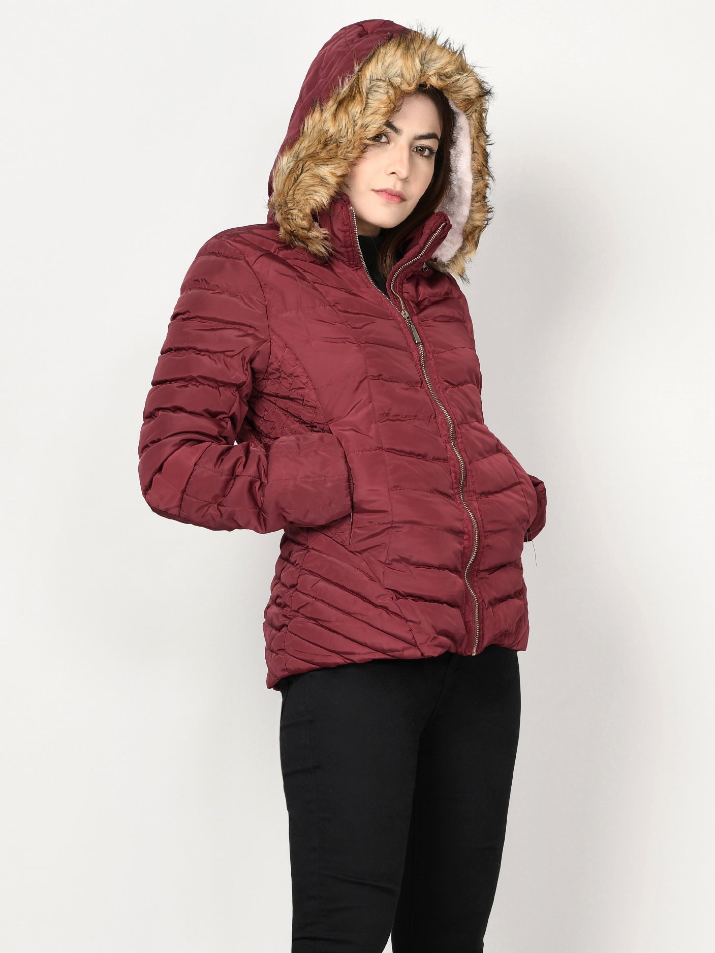 Limelight - Faux Fur Puffer Jacket - Maroon