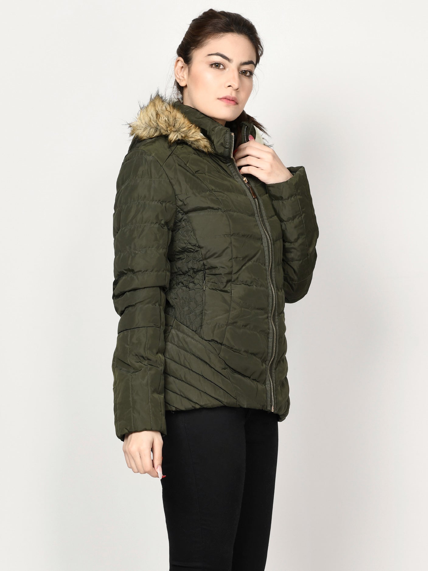 Limelight - Faux Fur Puffer Jacket - Army Green