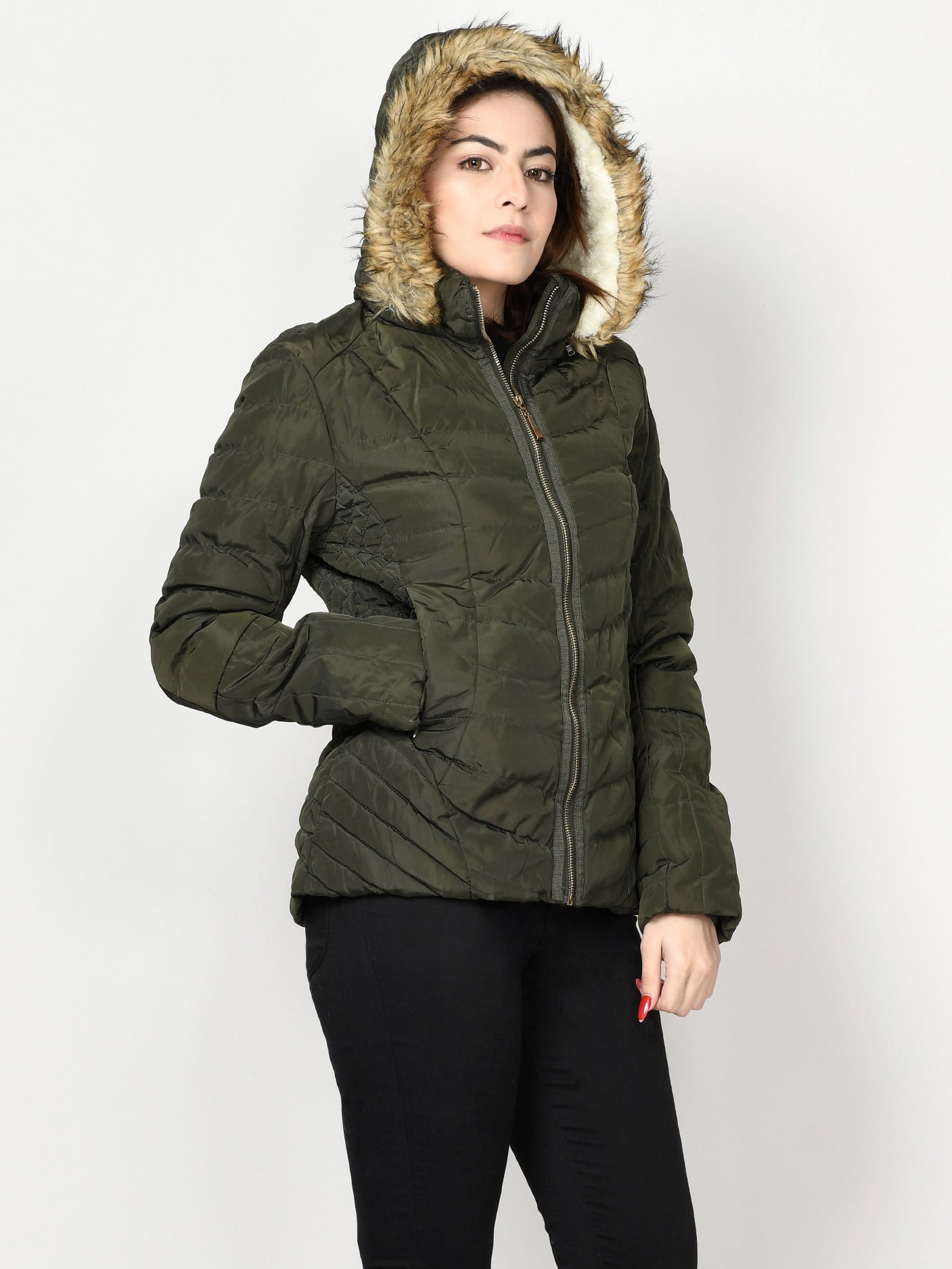 Limelight - Faux Fur Puffer Jacket - Army Green