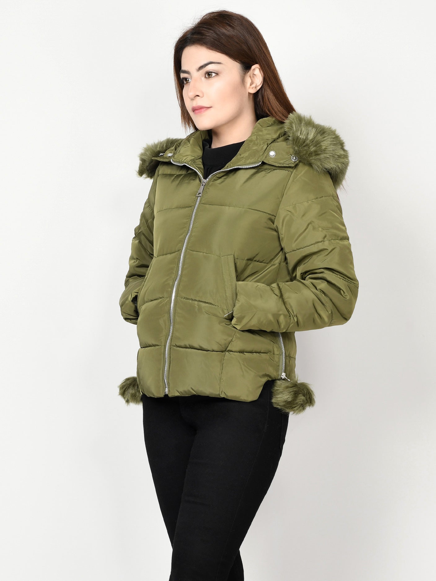 Limelight - Faux Fur Puffer Jacket - Army Green