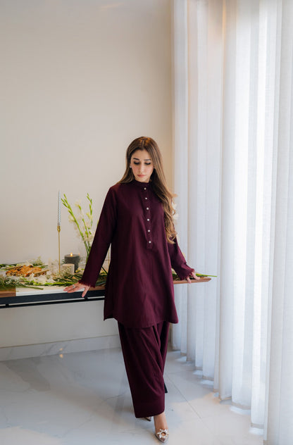 Sammy K - Deep Maroon karandi kurta shalwar