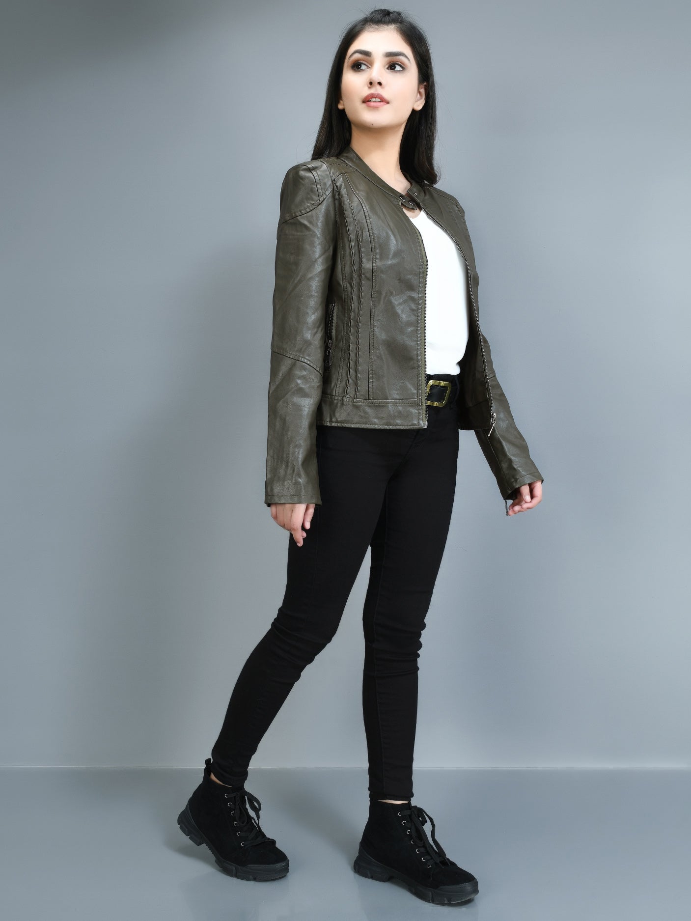 Limelight - Patterned Leather Jacket - Army green