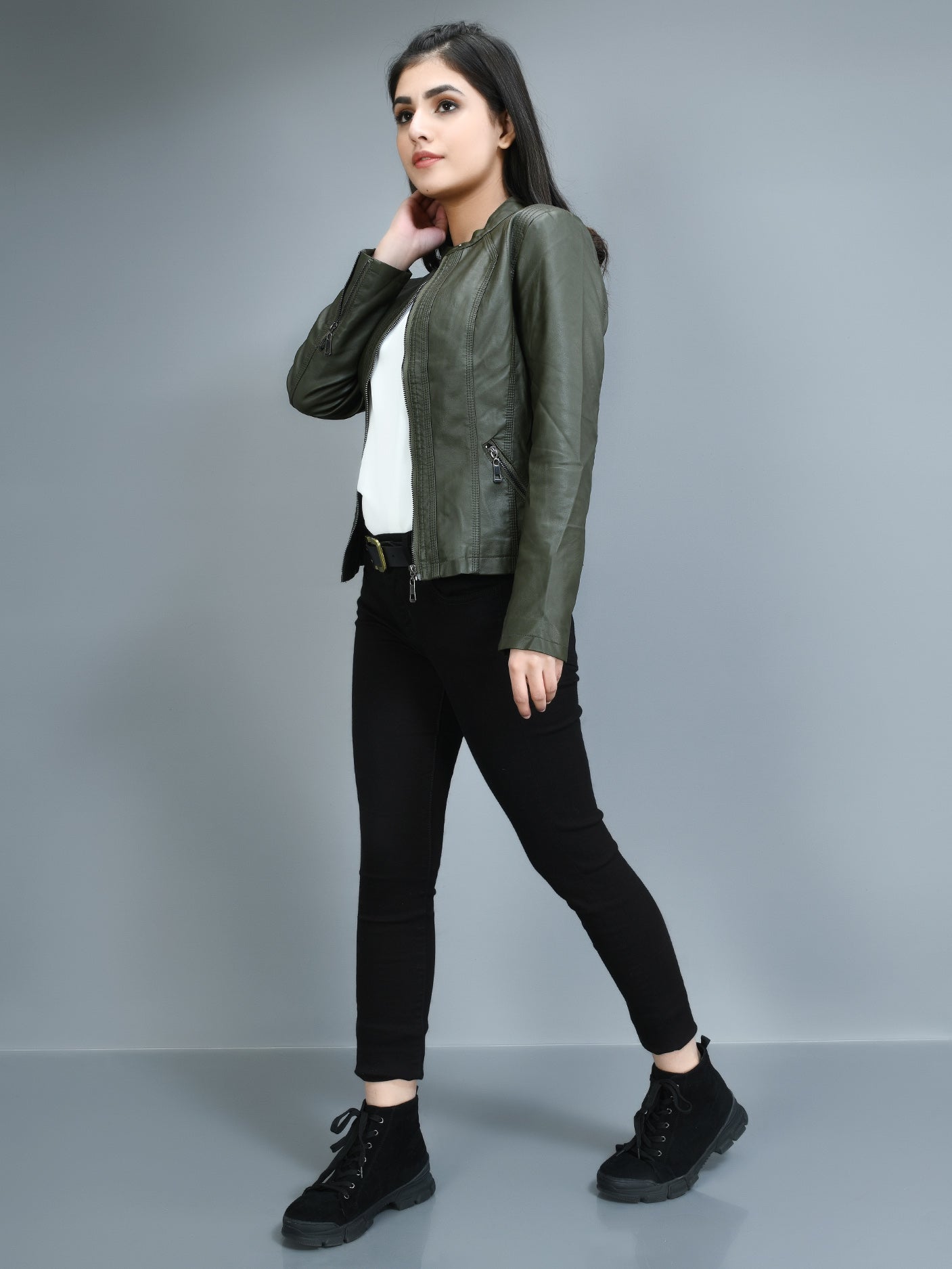 Limelight - Classic Leather Jacket - Army green