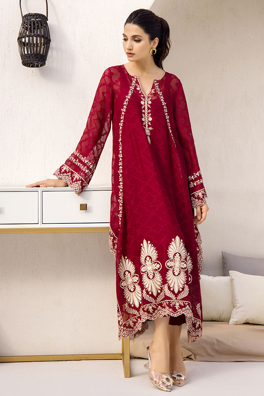 Red Wine Cotton Net Kurta With Drop Corners And Embroidery Detailing