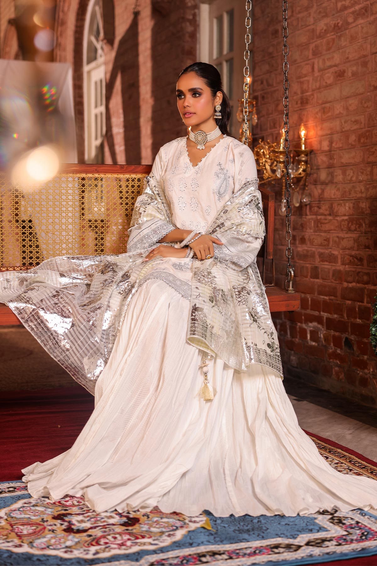 3 Pc Embroidered Dobby Suit With Organza Net Dupatta