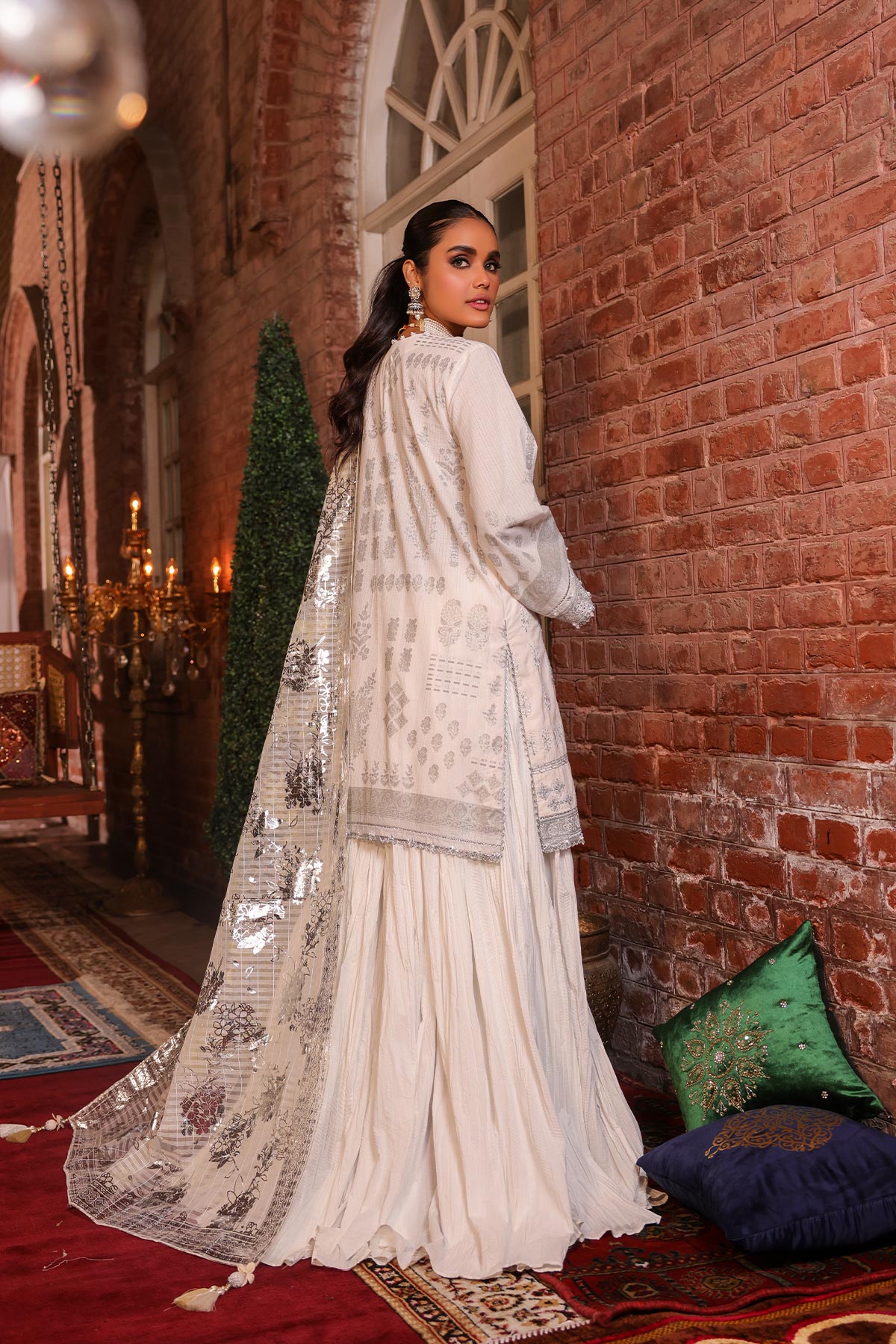 3 Pc Embroidered Dobby Suit With Organza Net Dupatta