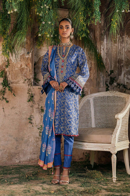 3 Pc Embroidered Two Way Slub Suit With Apple Silk Dupatta