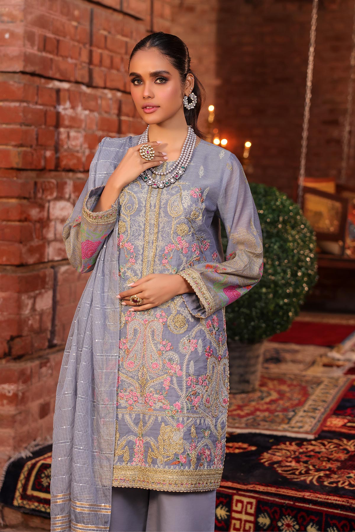 4 Pc Embroidered Cotton Net Suit With Sequence Dupatta