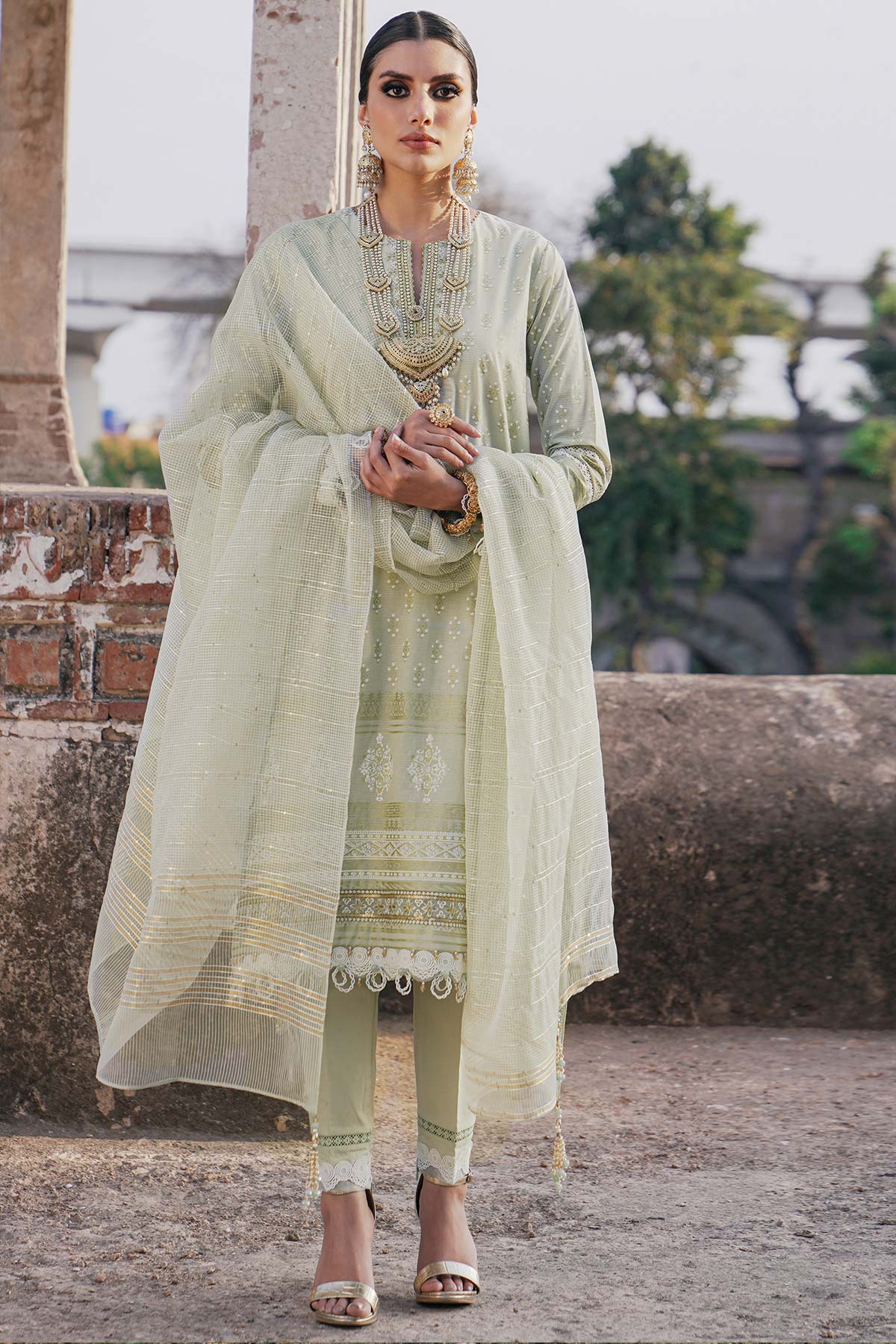 3 Pc Embroidered One Way Slub Suit With Fancy Dupatta