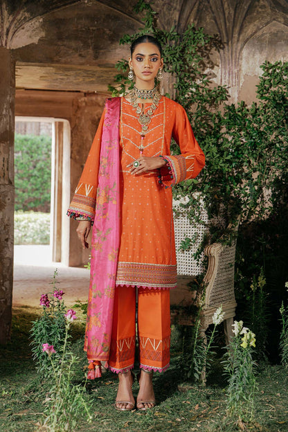 3 Pc Embroidered Two Way Slub Suit With Apple Silk Dupatta