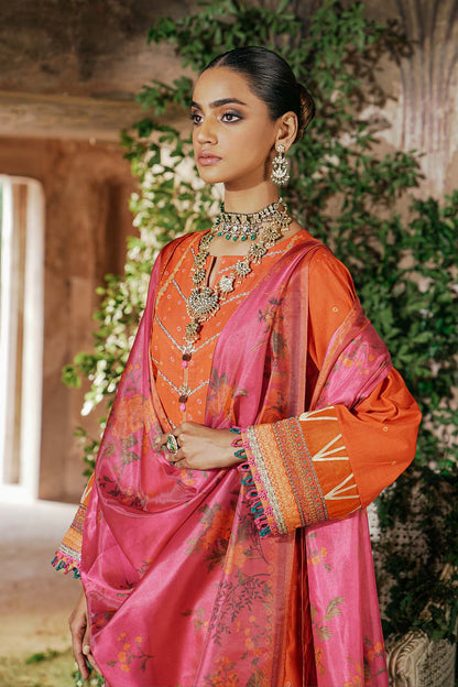 3 Pc Embroidered Two Way Slub Suit With Apple Silk Dupatta