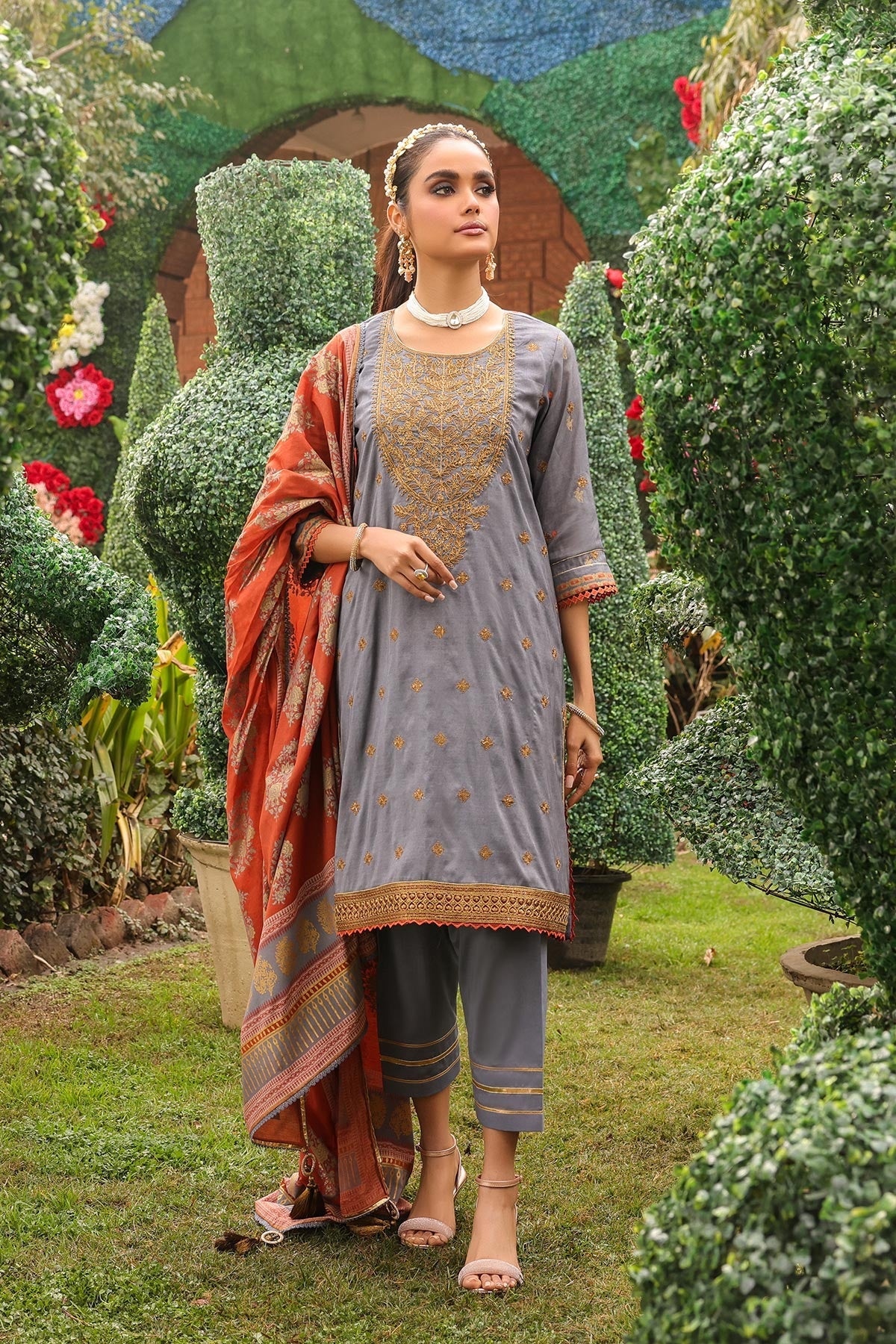 3 Pc Embroidered Cotton Silk Suit With Cotton Silk Dupatta