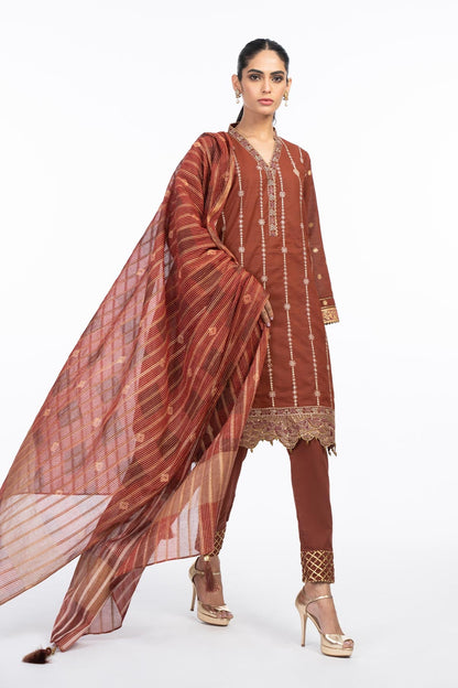 3 Pc Embroidered One Way Slub Suit With Tarkashi Zari Lawn Dupatta