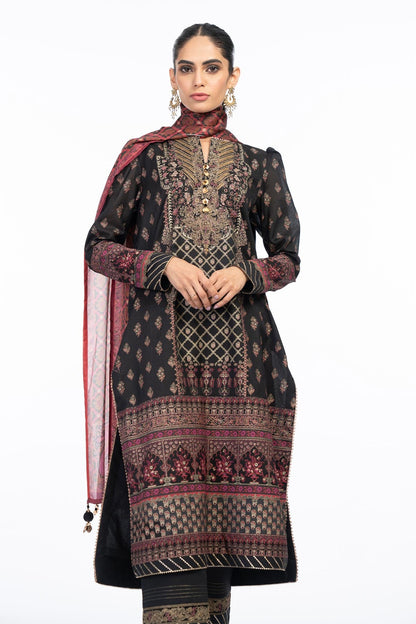 3 Pc Embroidered Cotton Silk Suit With Silk Dupatta