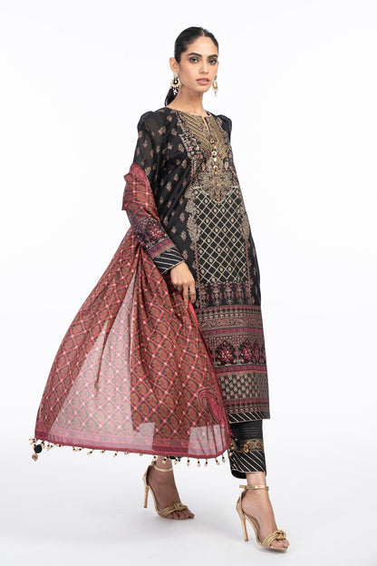 3 Pc Embroidered Cotton Silk Suit With Silk Dupatta