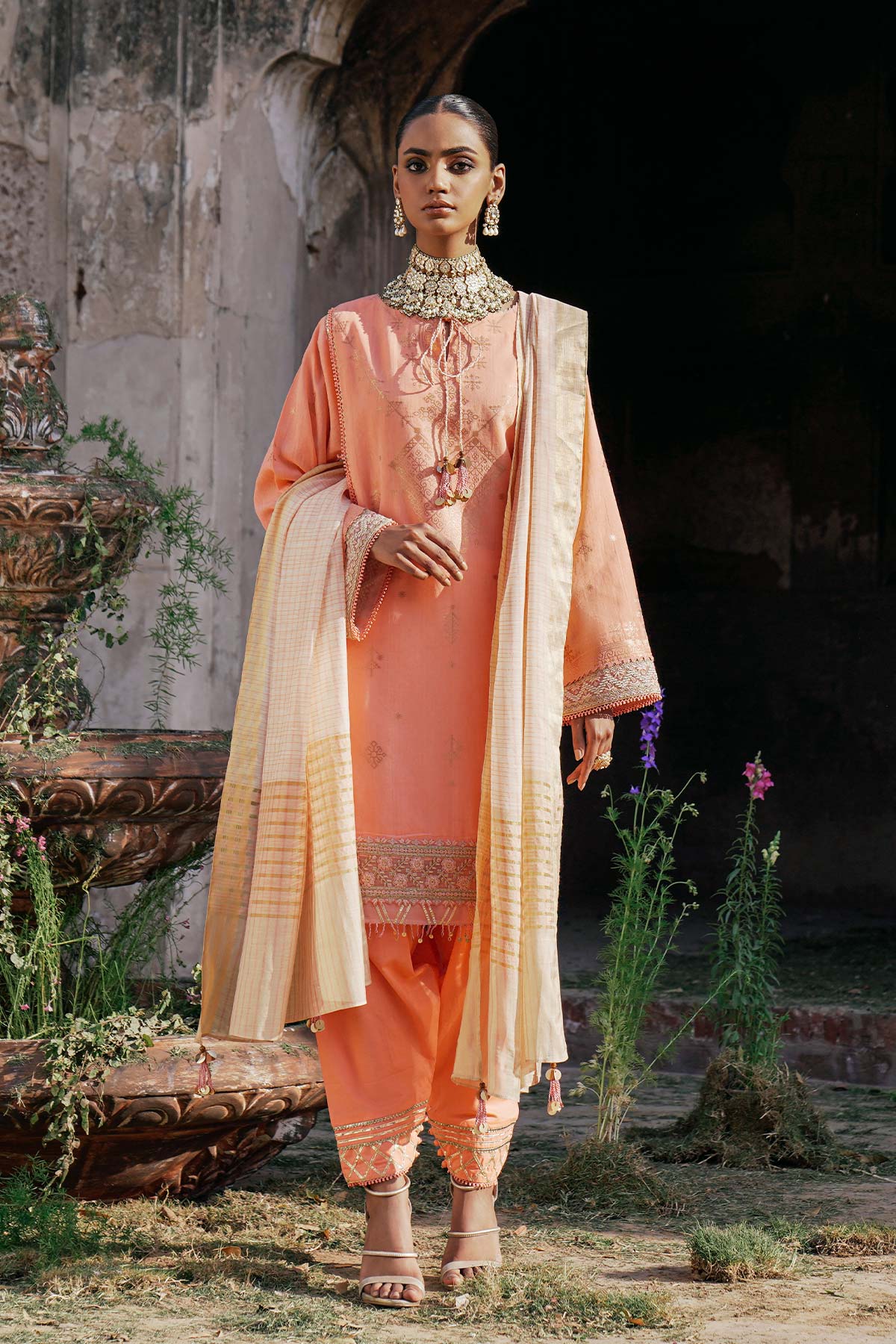 3 Pc Embroidered Jacquard Suit With Yarn Dyed Dupatta