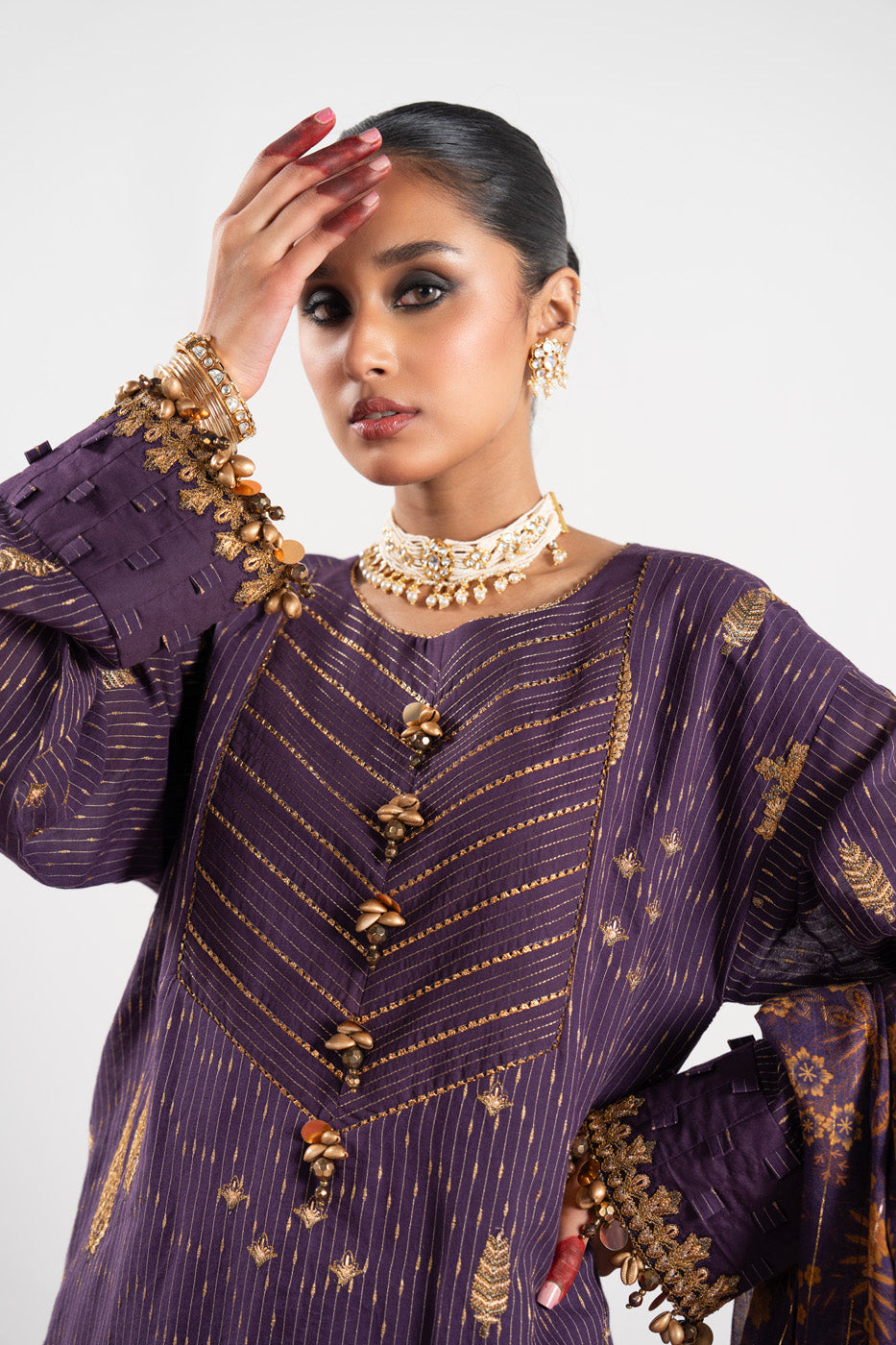 3 Pc Embroidered Dobby Zari Suit With Zari Lawn Dupatta