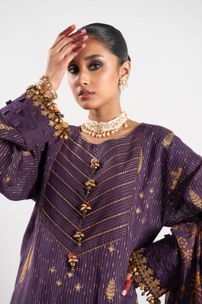 3 Pc Embroidered Dobby Zari Suit With Zari Lawn Dupatta